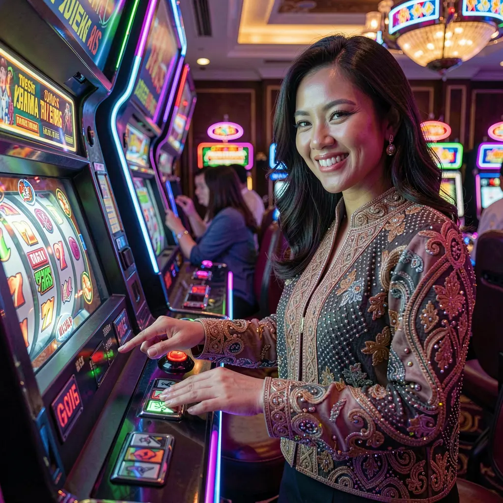 Confident Malaysian woman enjoying advanced slot gameplay on a glowing TURBO66 slot machine in a vibrant casino setting